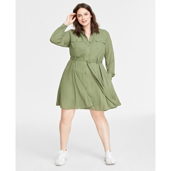 On 34th Plus Size Green Long-Sleeve Belted Shirtdress NWT - Picture 1 of 10